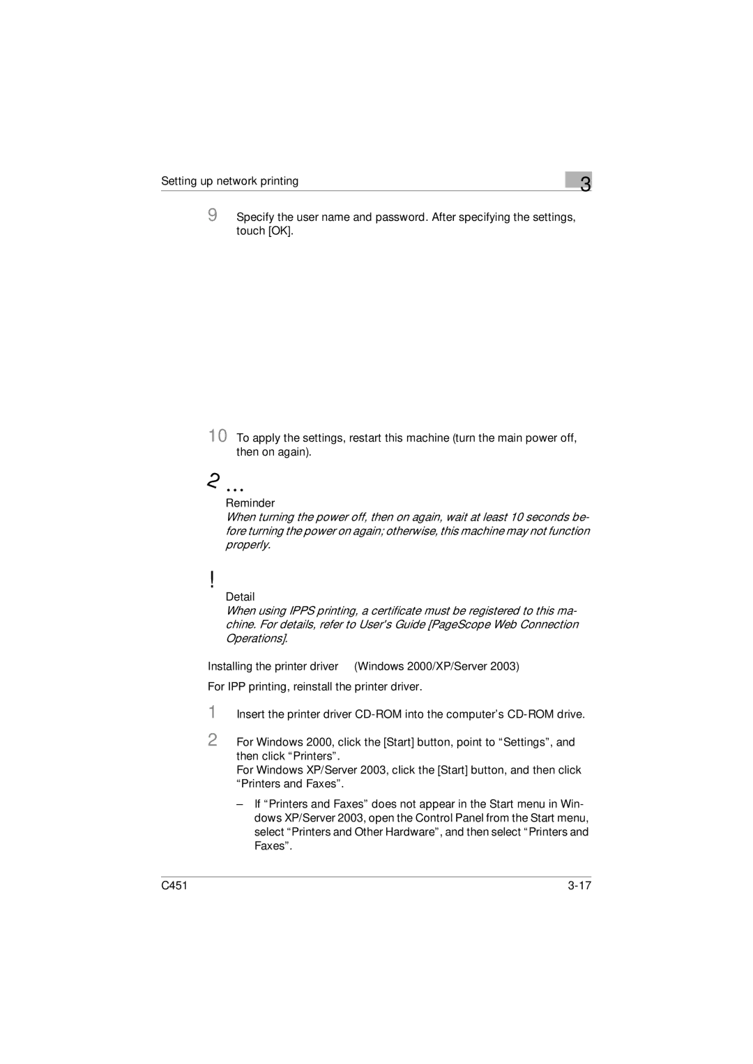 Konica Minolta C451 manual Reminder, Installing the printer driver Windows 2000/XP/Server 