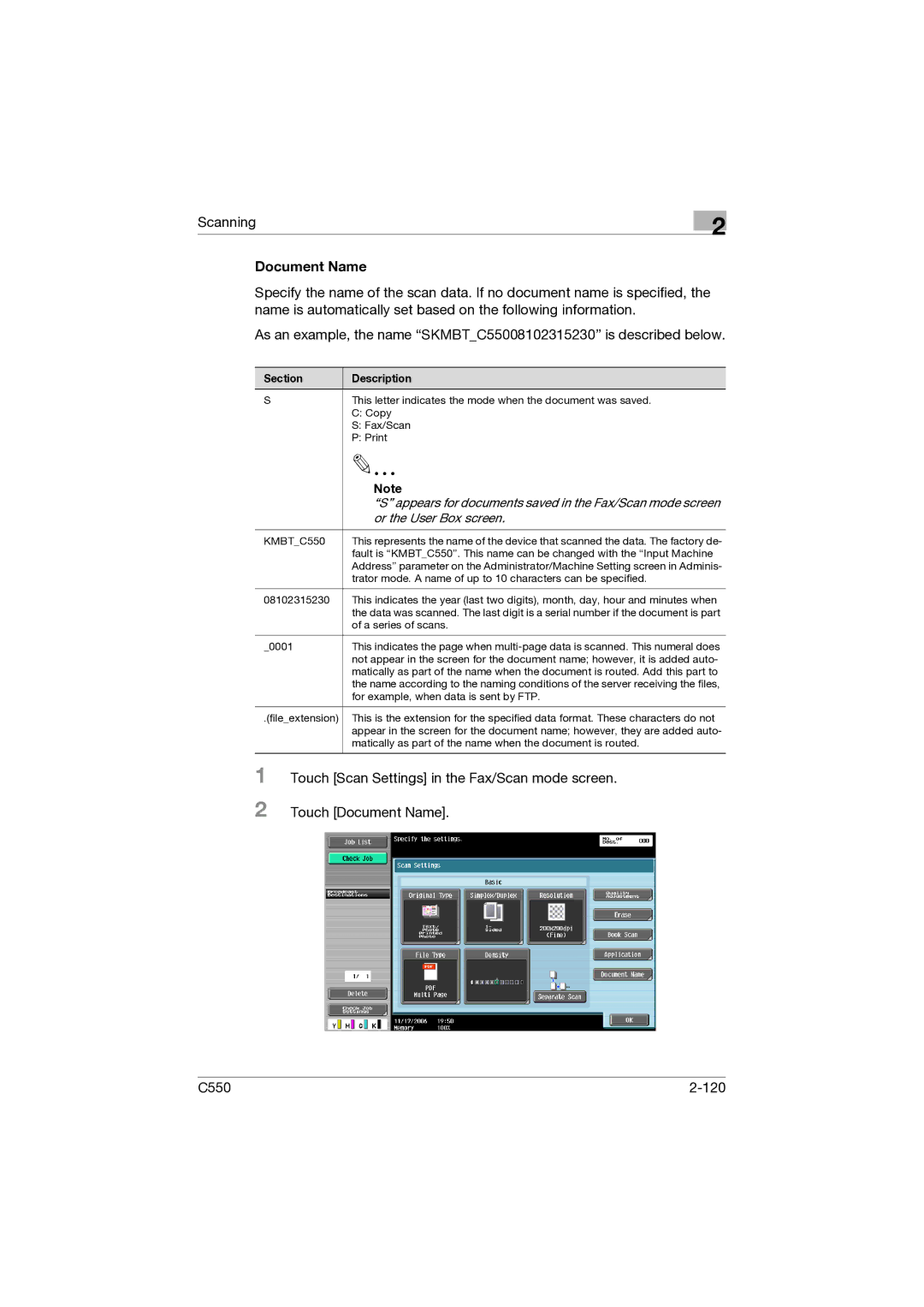 Konica Minolta C550 manual Document Name, Or the User Box screen 