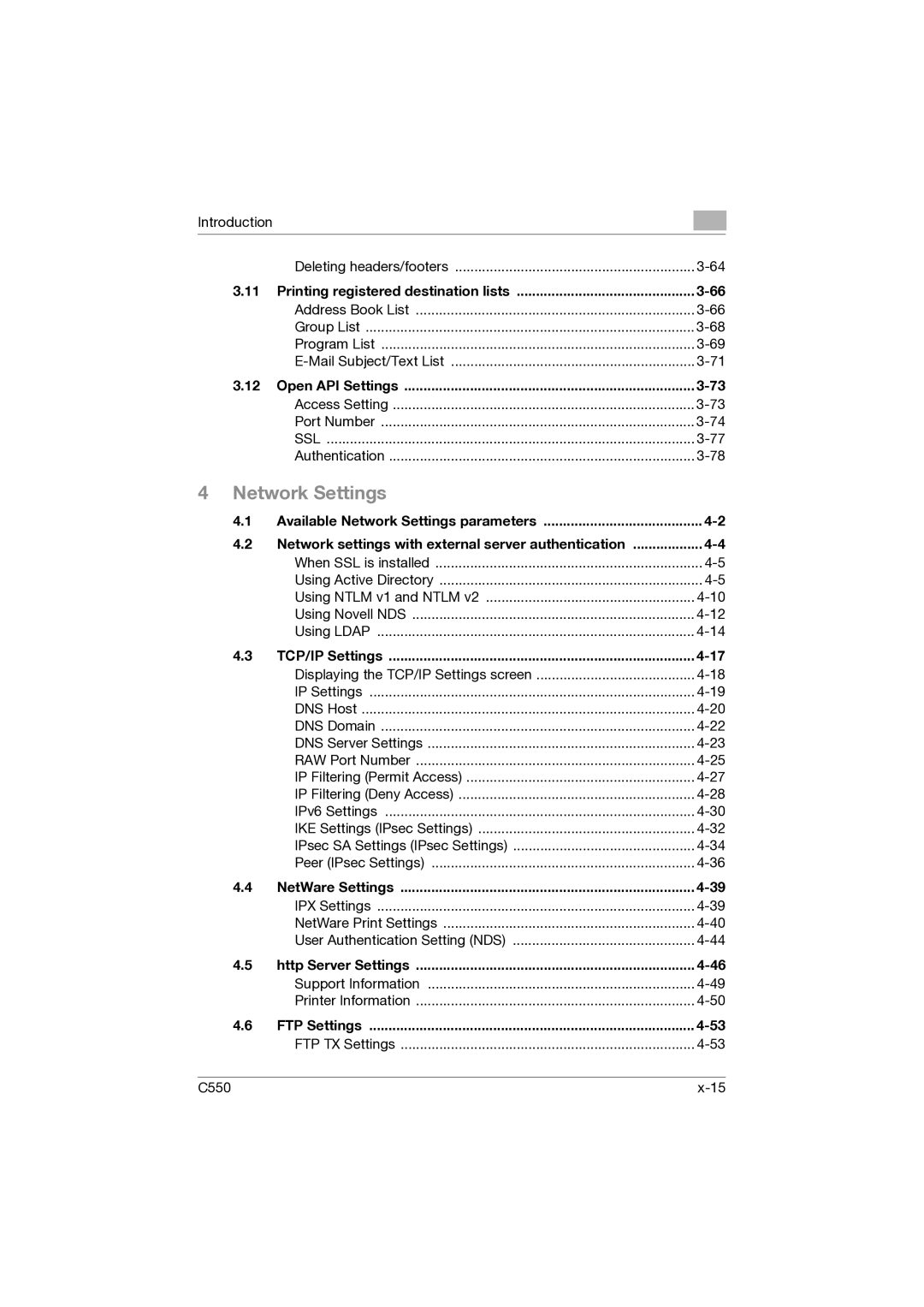 Konica Minolta C550 manual Printing registered destination lists, Open API Settings, TCP/IP Settings, NetWare Settings 