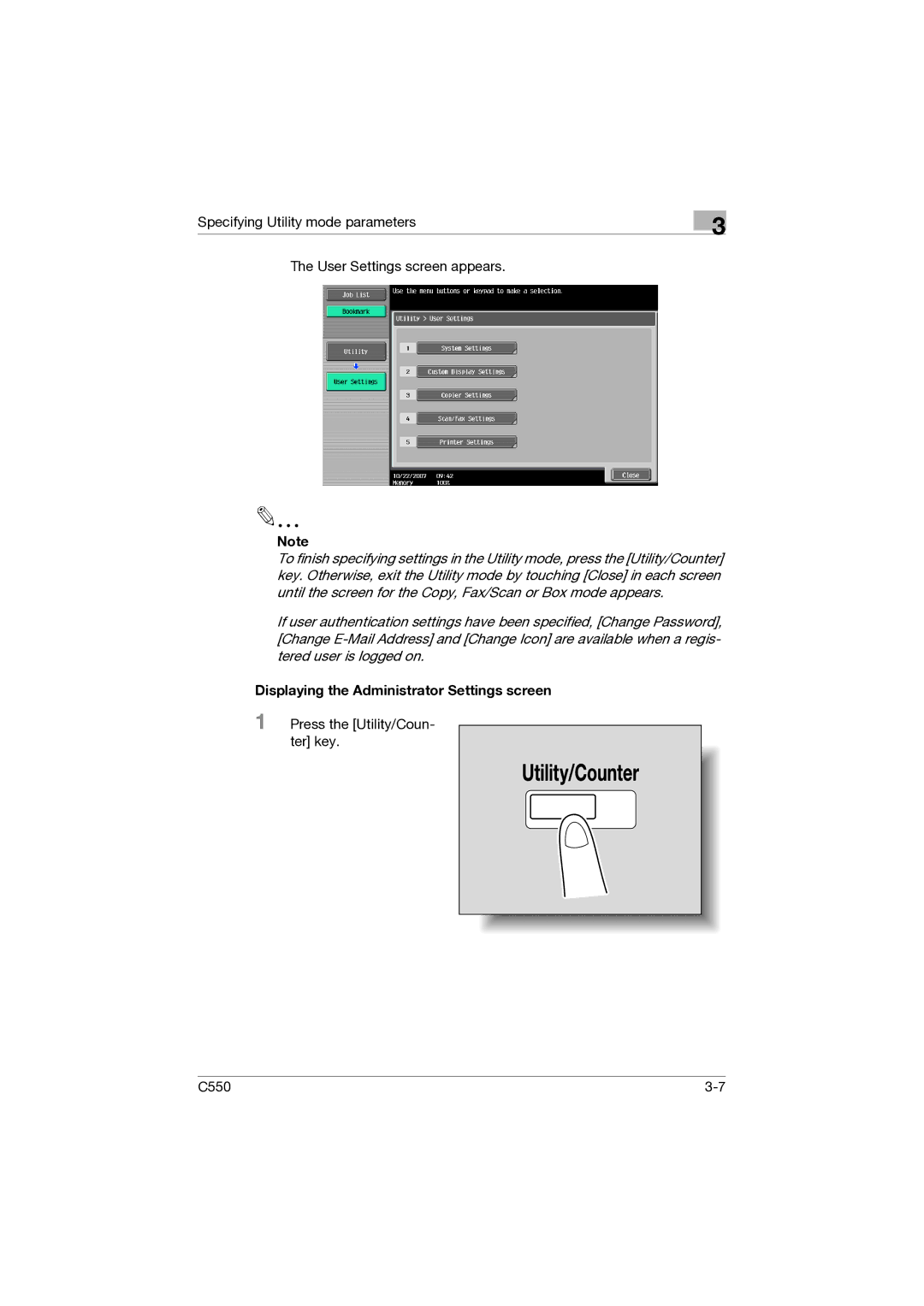 Konica Minolta C550 manual Displaying the Administrator Settings screen 