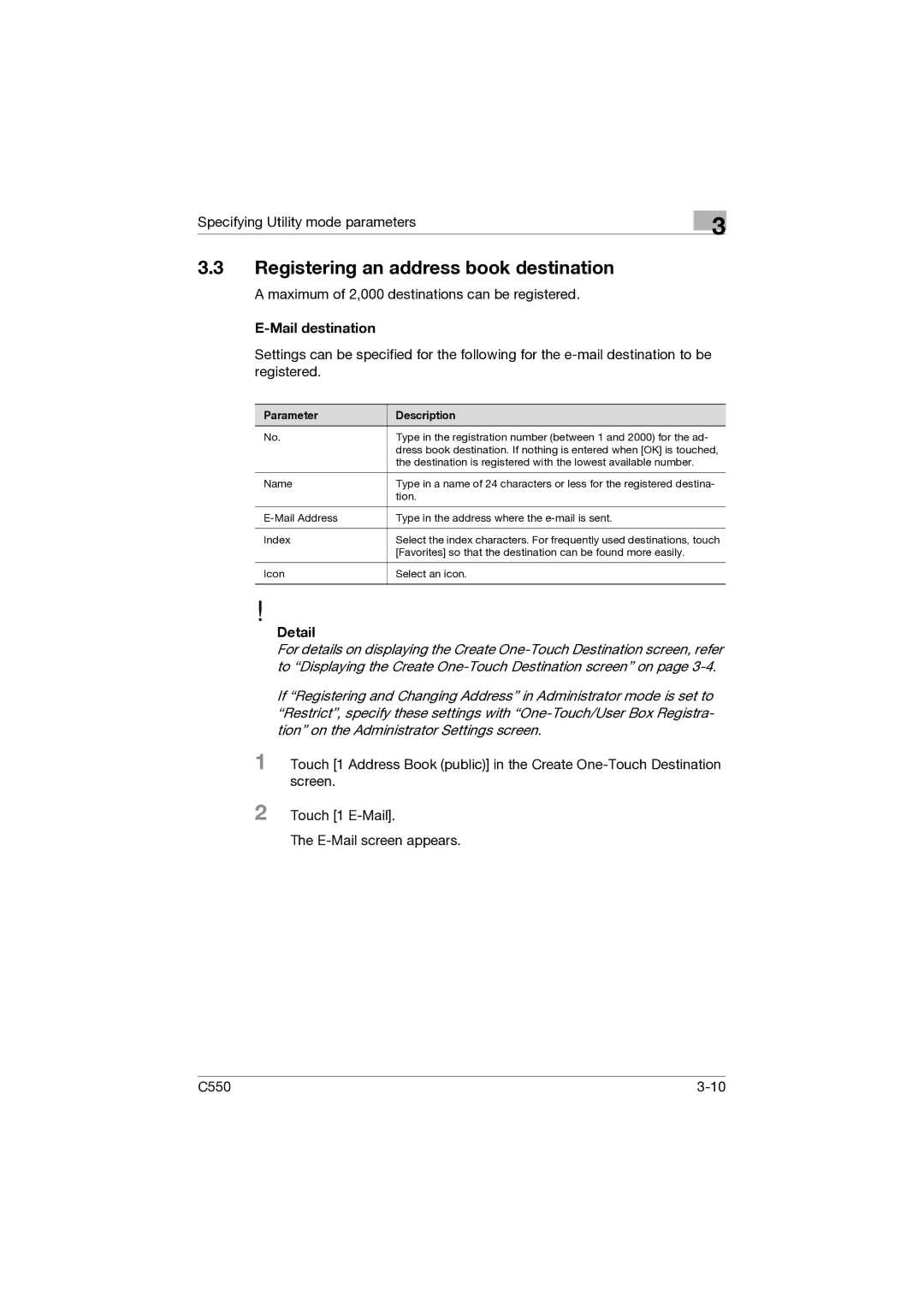 Konica Minolta C550 manual Registering an address book destination, Mail destination 