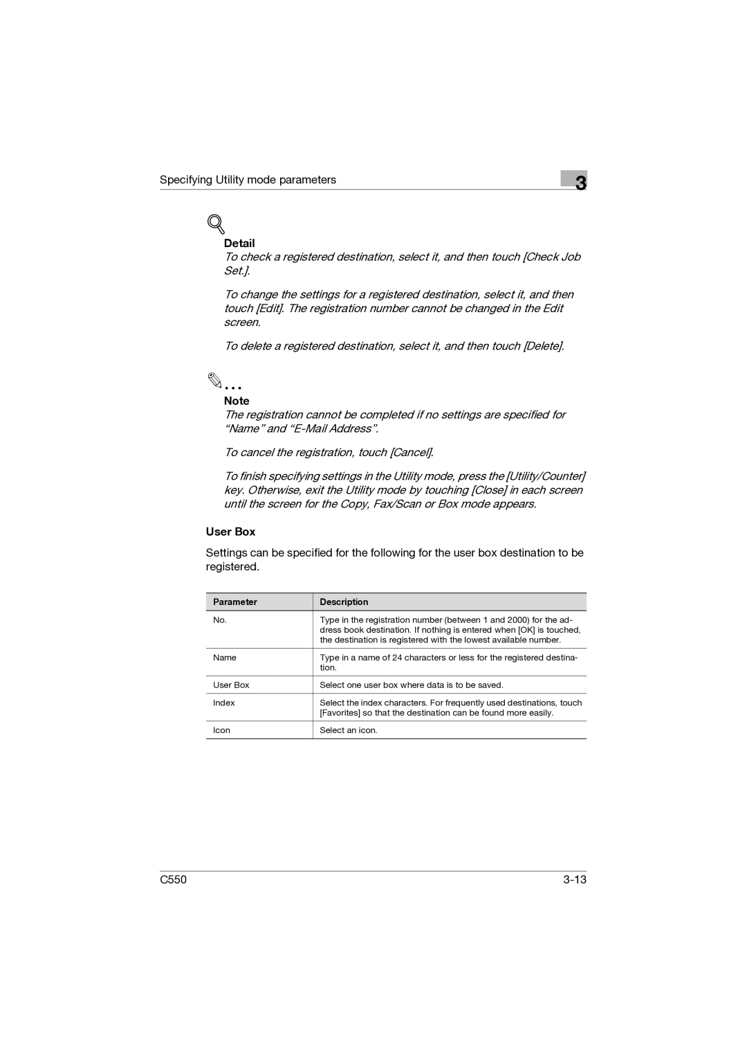 Konica Minolta C550 manual Detail, User Box 