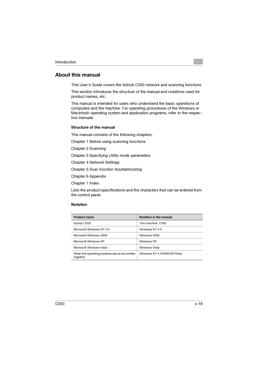 Konica Minolta C550 About this manual, Structure of the manual, Notation 