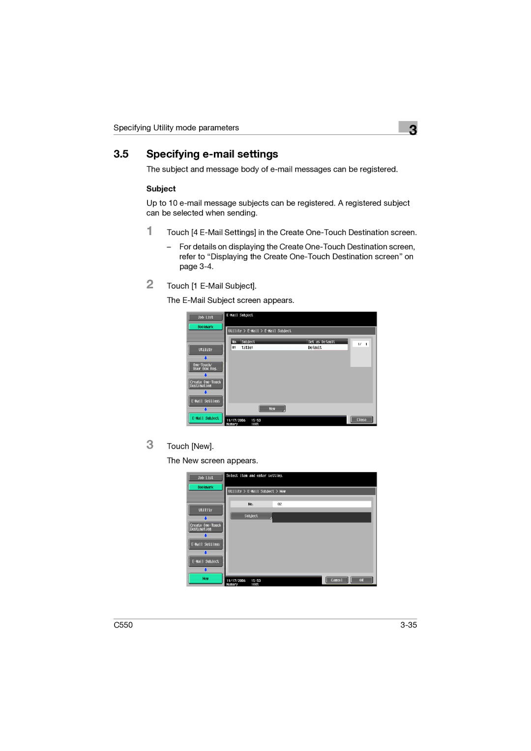 Konica Minolta C550 manual Specifying e-mail settings, Subject 