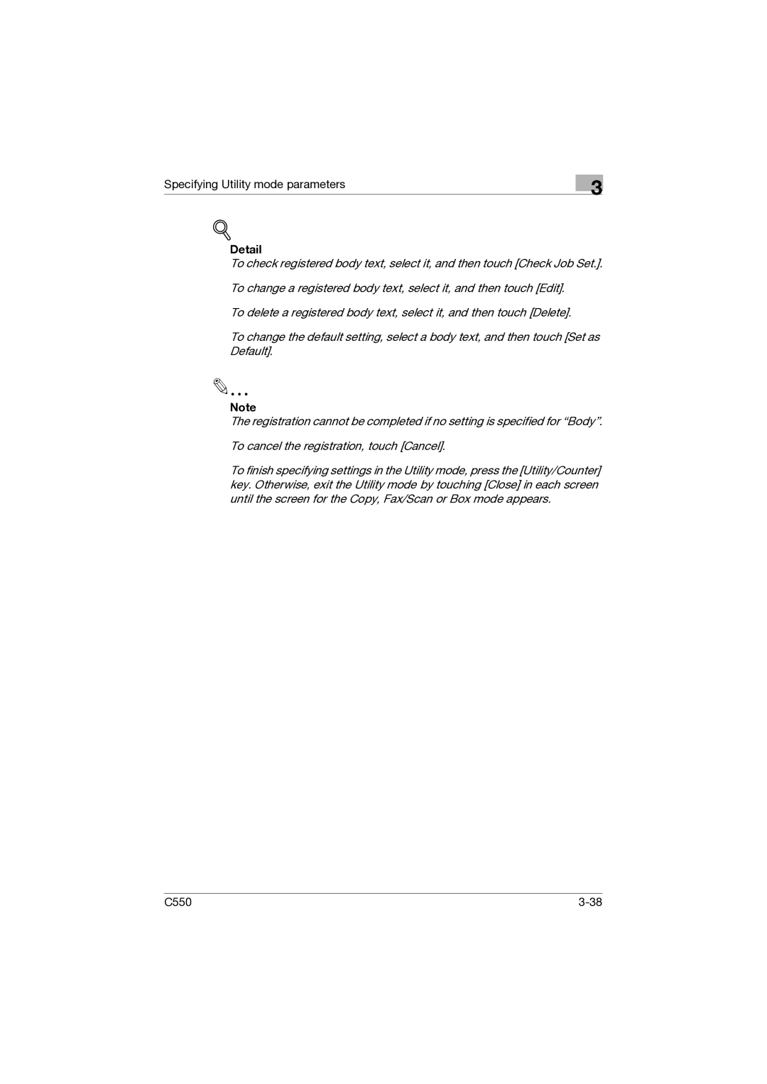 Konica Minolta C550 manual Specifying Utility mode parameters 