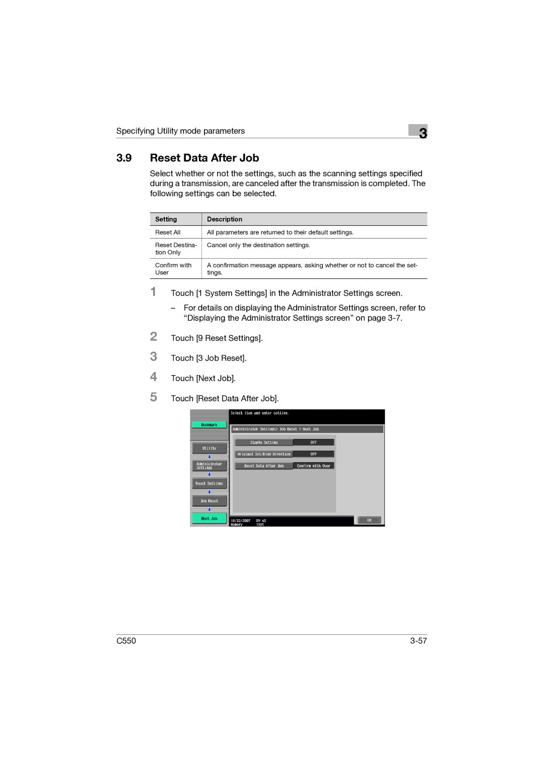 Konica Minolta C550 manual Reset Data After Job 