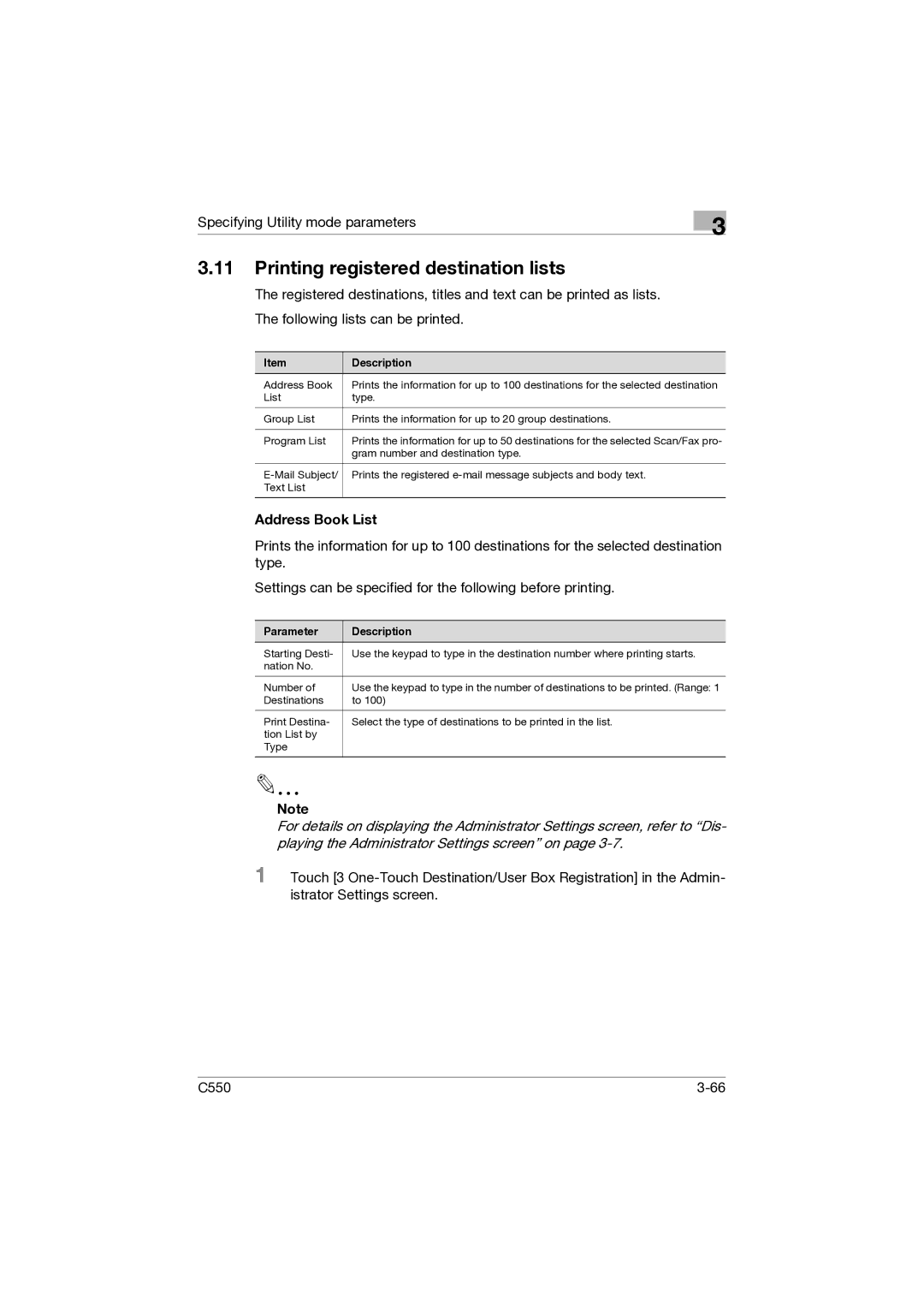 Konica Minolta C550 manual Printing registered destination lists, Address Book List 