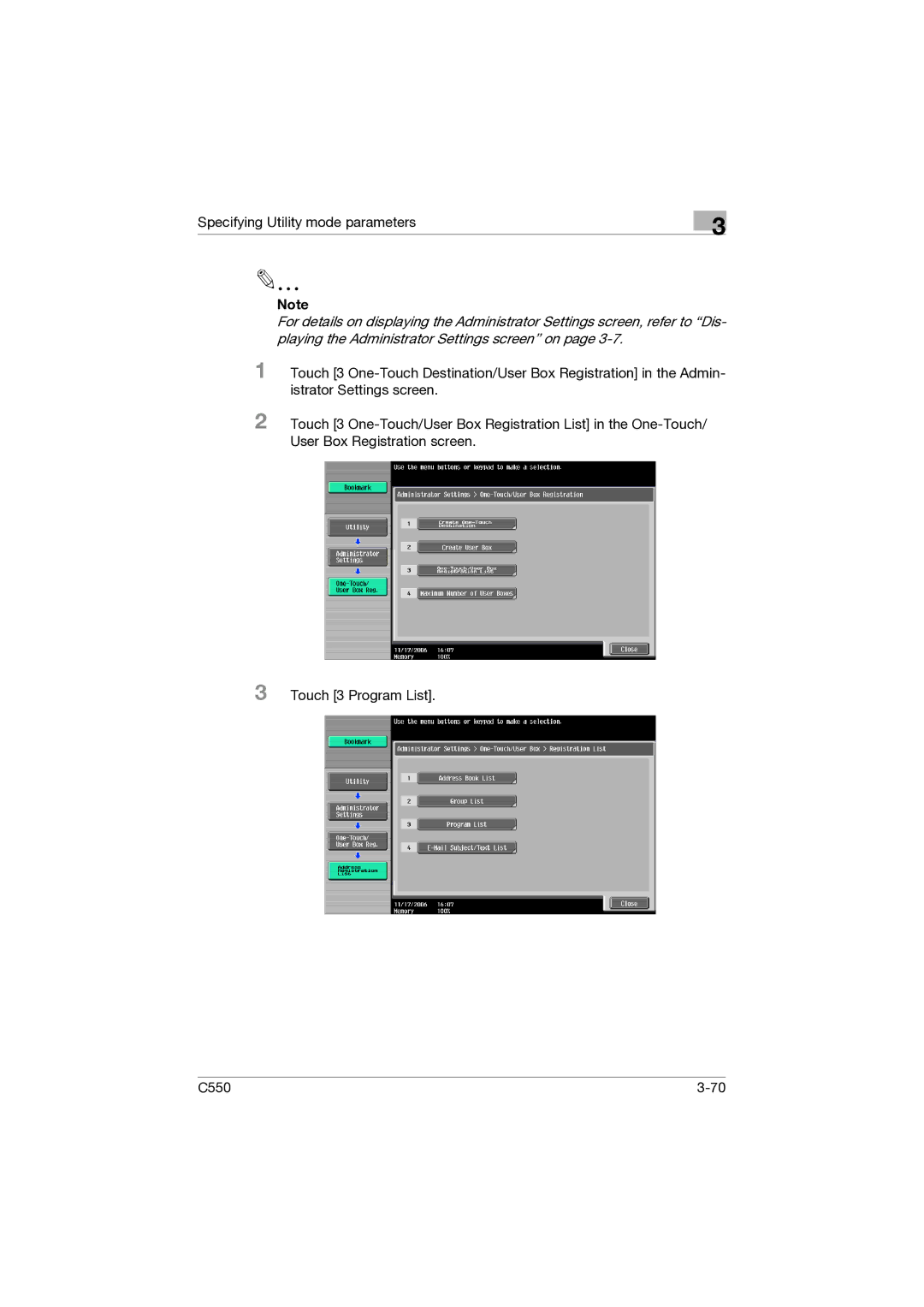 Konica Minolta C550 manual Specifying Utility mode parameters 