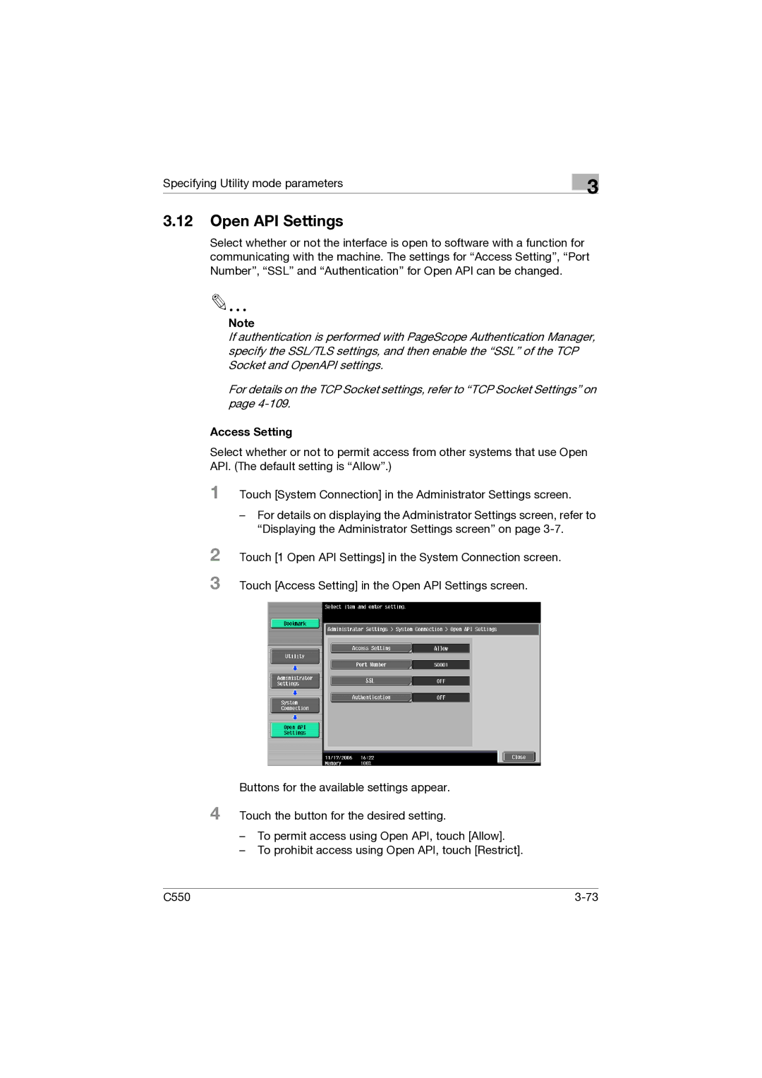 Konica Minolta C550 manual Open API Settings, Access Setting 