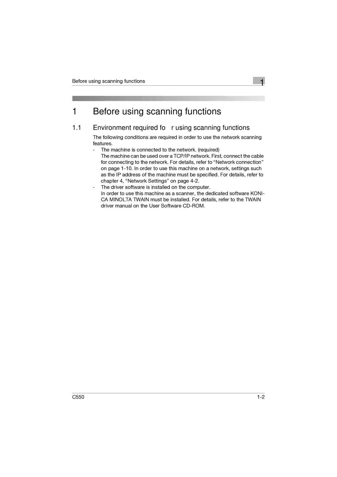 Konica Minolta C550 manual Environment required for using scanning functions 