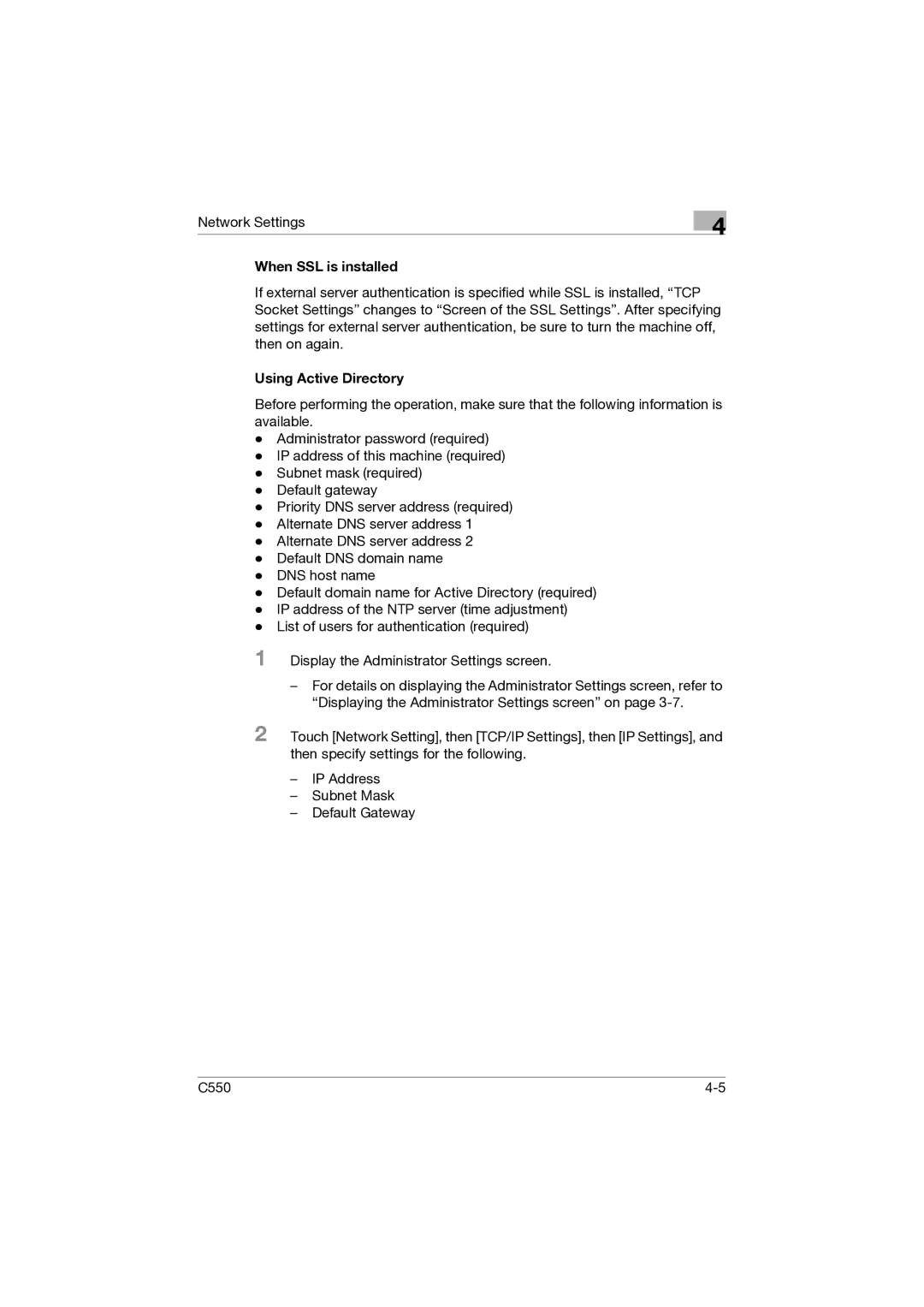 Konica Minolta C550 manual When SSL is installed, Using Active Directory 