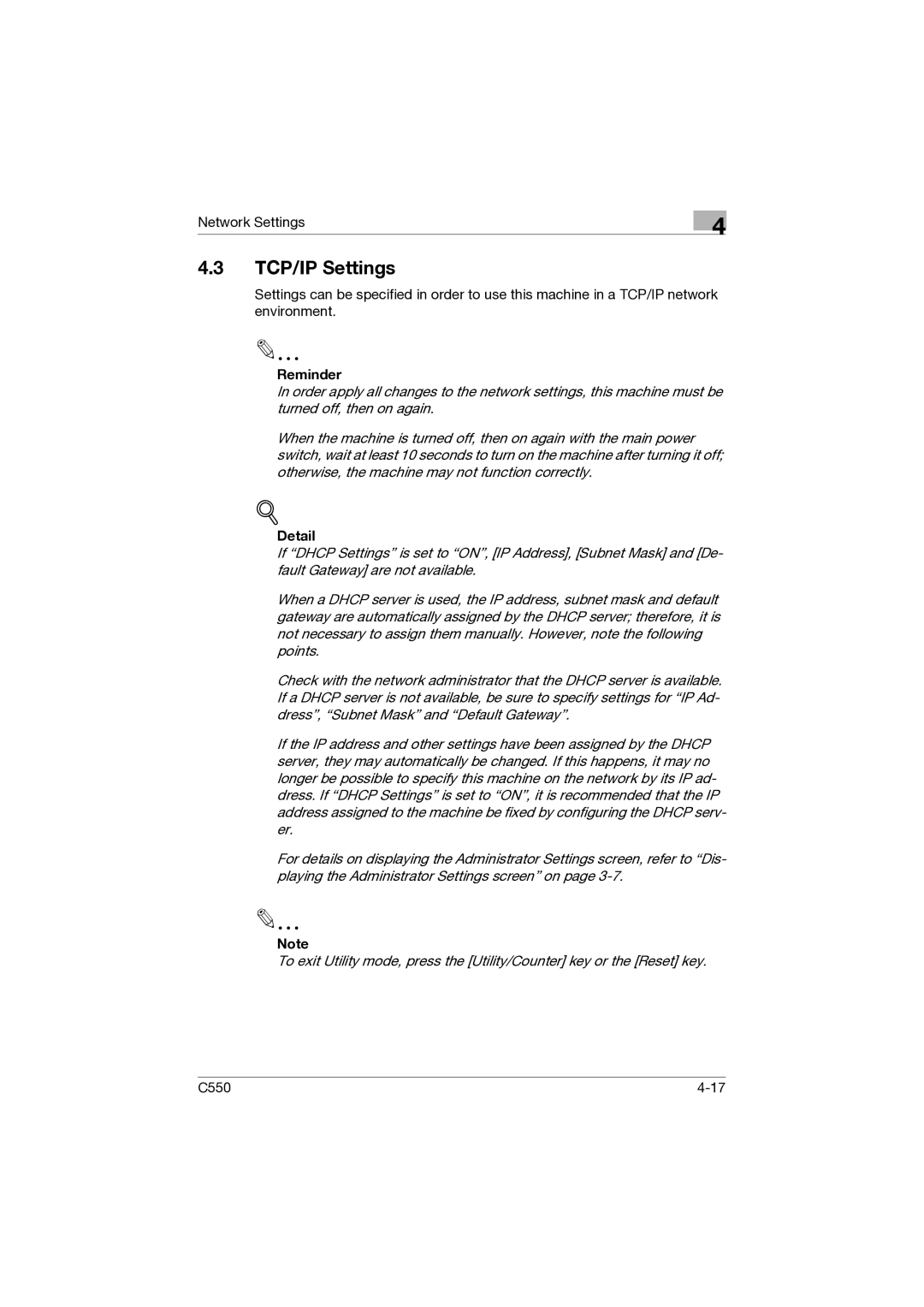 Konica Minolta C550 manual TCP/IP Settings, Reminder 