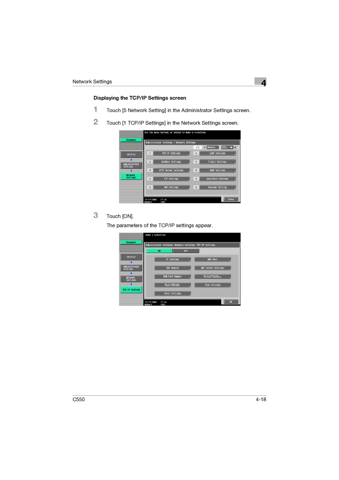 Konica Minolta C550 manual Displaying the TCP/IP Settings screen 