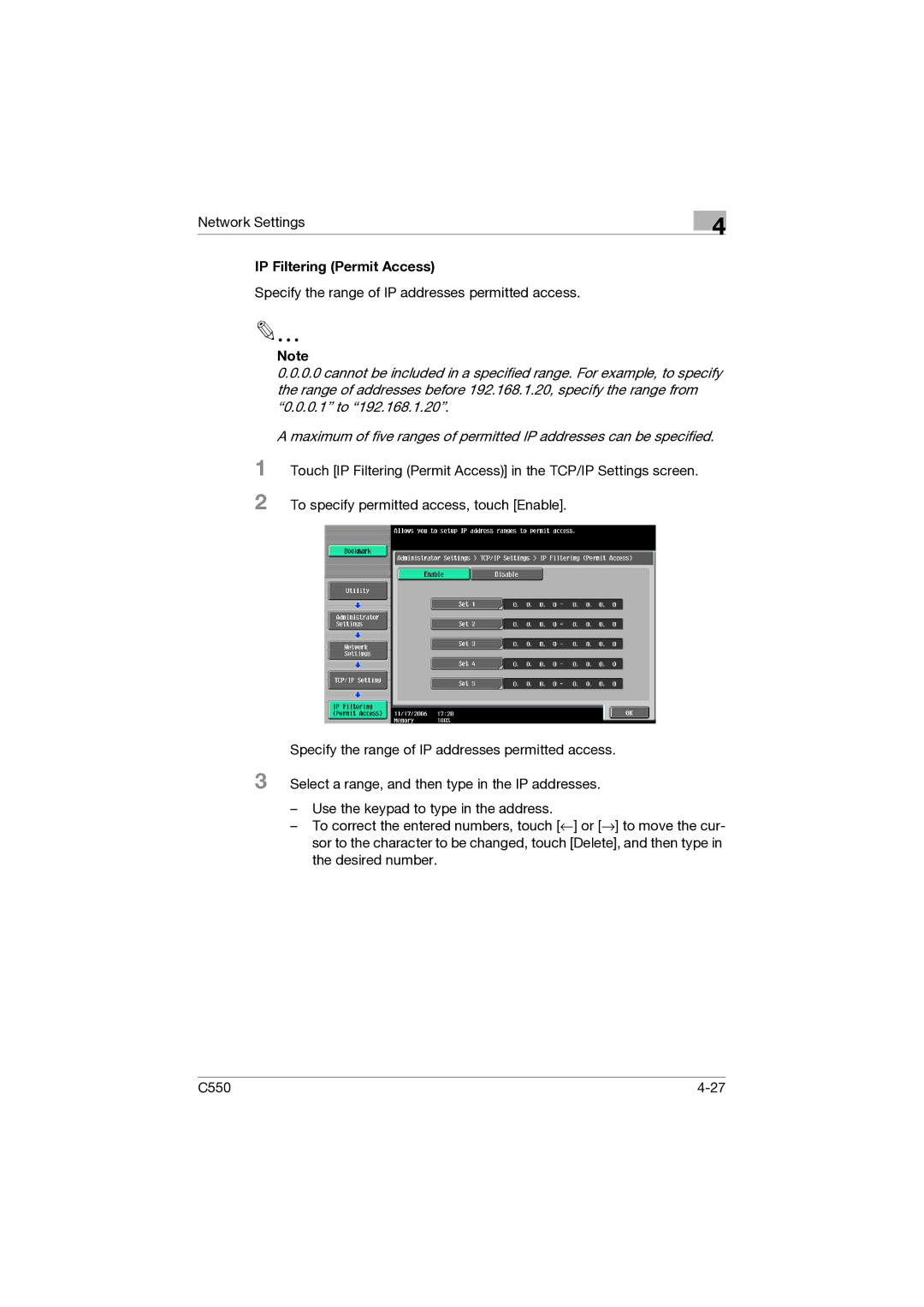 Konica Minolta C550 manual IP Filtering Permit Access 