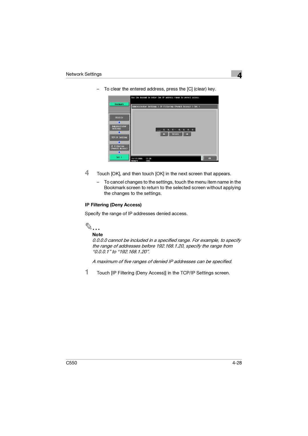 Konica Minolta C550 manual IP Filtering Deny Access 