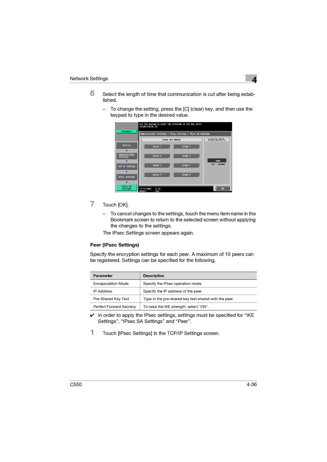 Konica Minolta C550 manual Peer IPsec Settings 