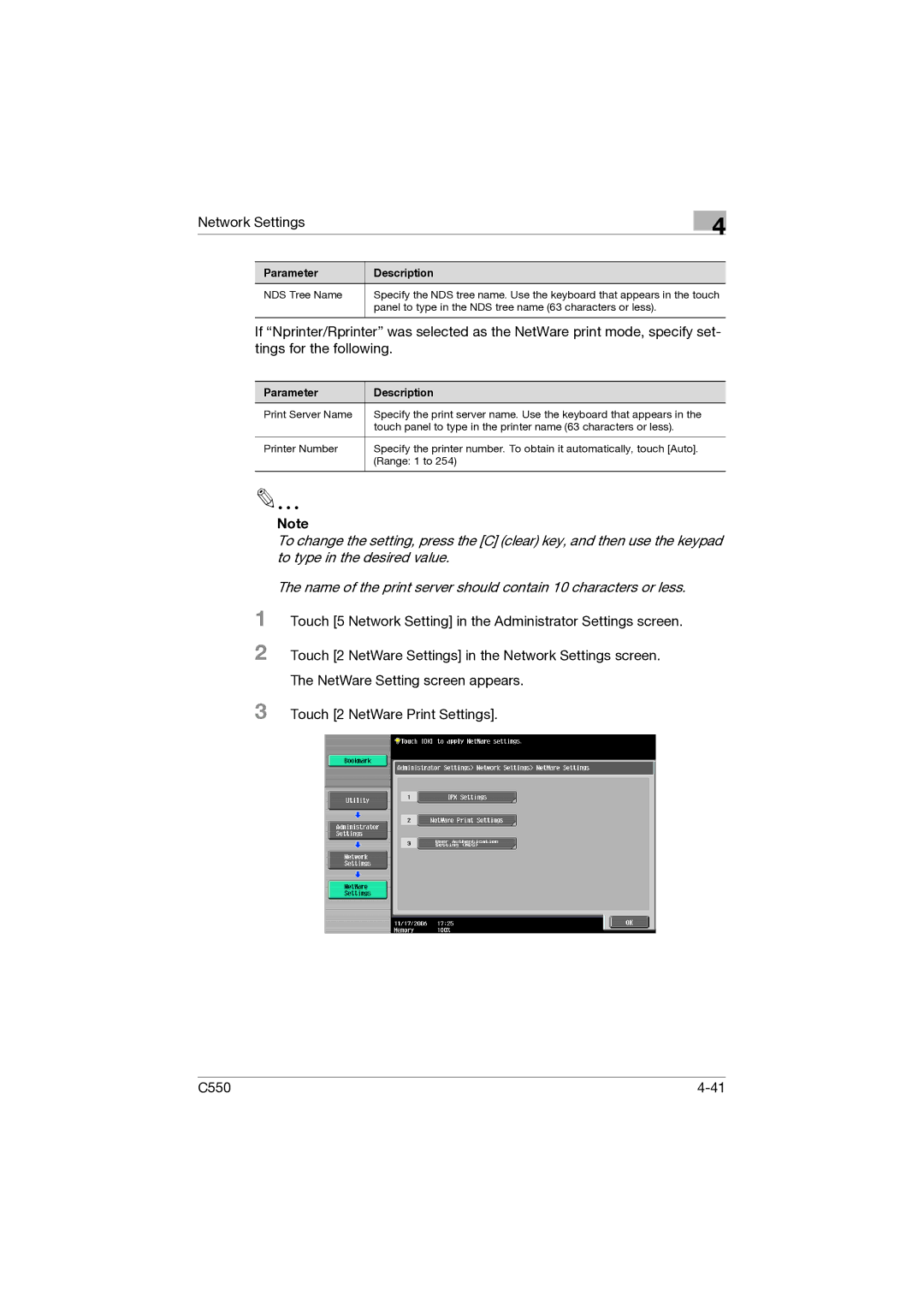 Konica Minolta C550 manual Parameter Description NDS Tree Name 