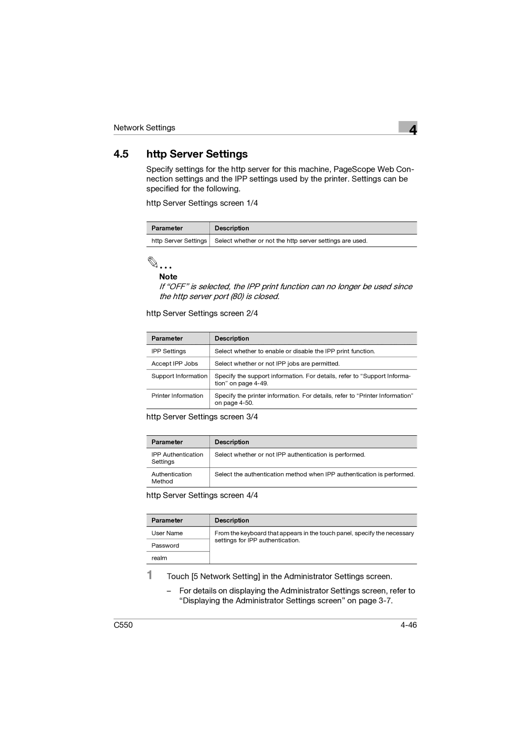 Konica Minolta C550 manual Http Server Settings screen 2/4 