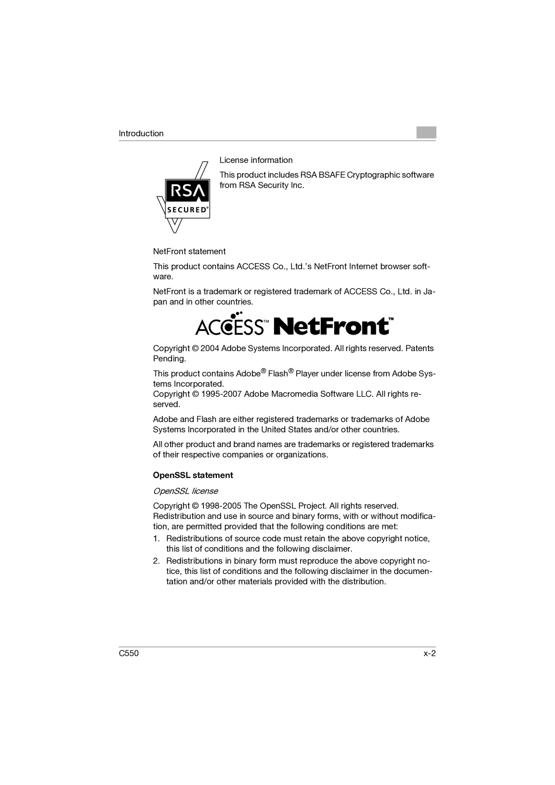 Konica Minolta C550 manual OpenSSL statement, OpenSSL license 