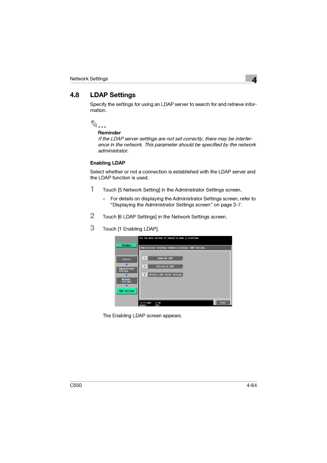 Konica Minolta C550 manual Ldap Settings, Enabling Ldap 