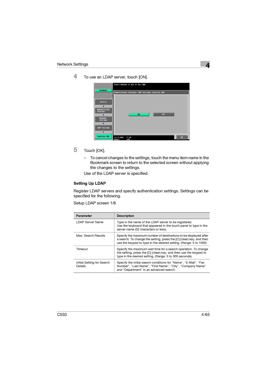 Konica Minolta C550 manual Setting Up Ldap 