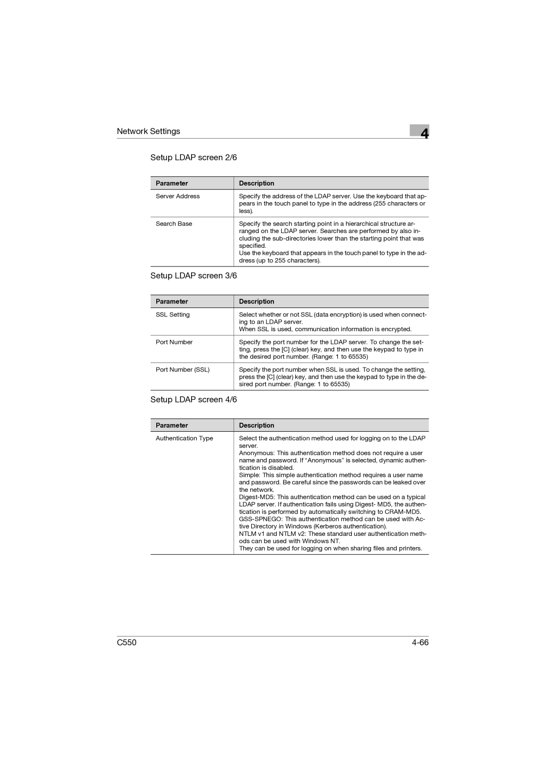 Konica Minolta C550 manual Network Settings Setup Ldap screen 2/6 