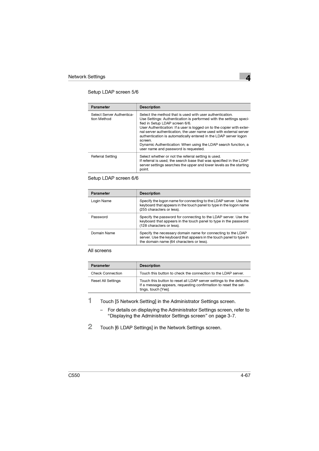 Konica Minolta C550 manual Network Settings Setup Ldap screen 5/6 