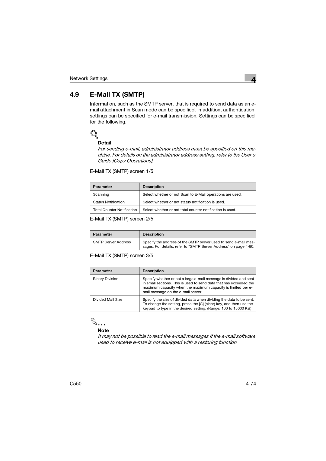 Konica Minolta C550 manual Mail TX Smtp screen 1/5 