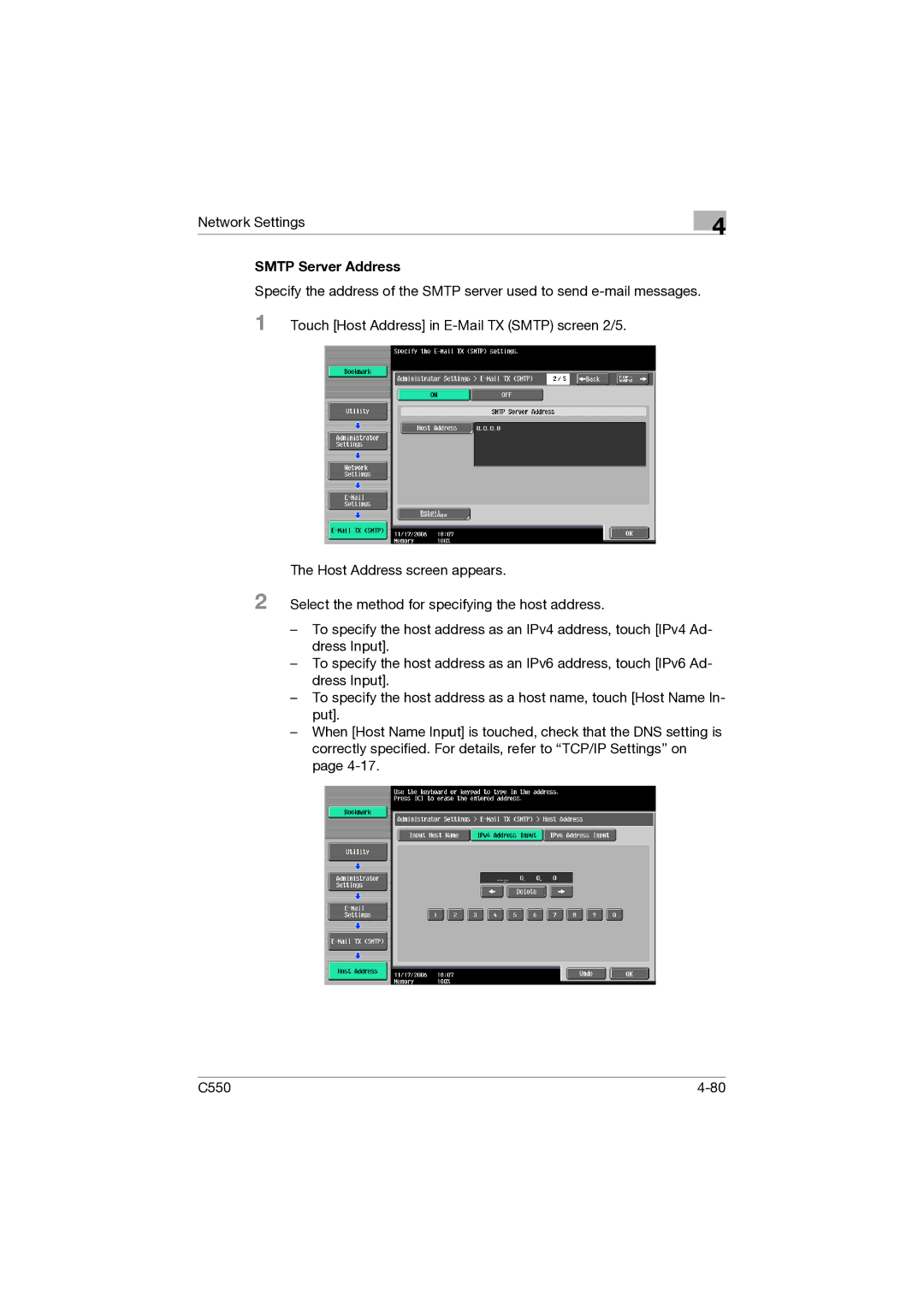 Konica Minolta C550 manual Smtp Server Address 