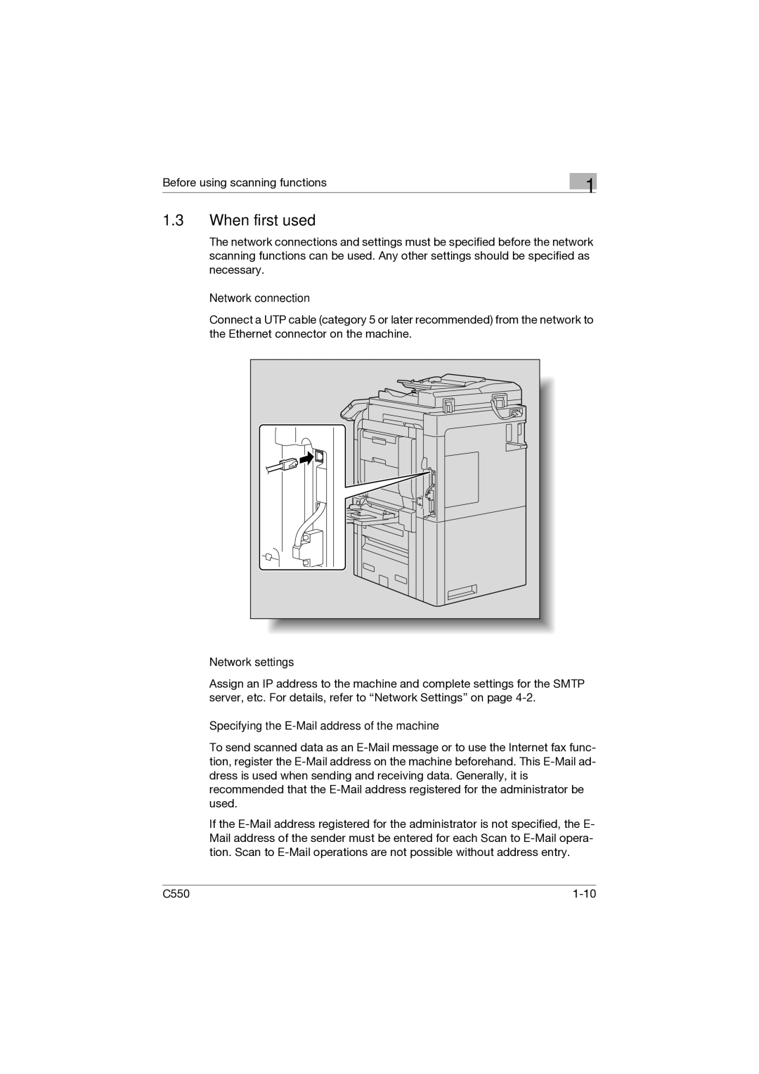 Konica Minolta C550 When first used, Network connection, Network settings, Specifying the E-Mail address of the machine 