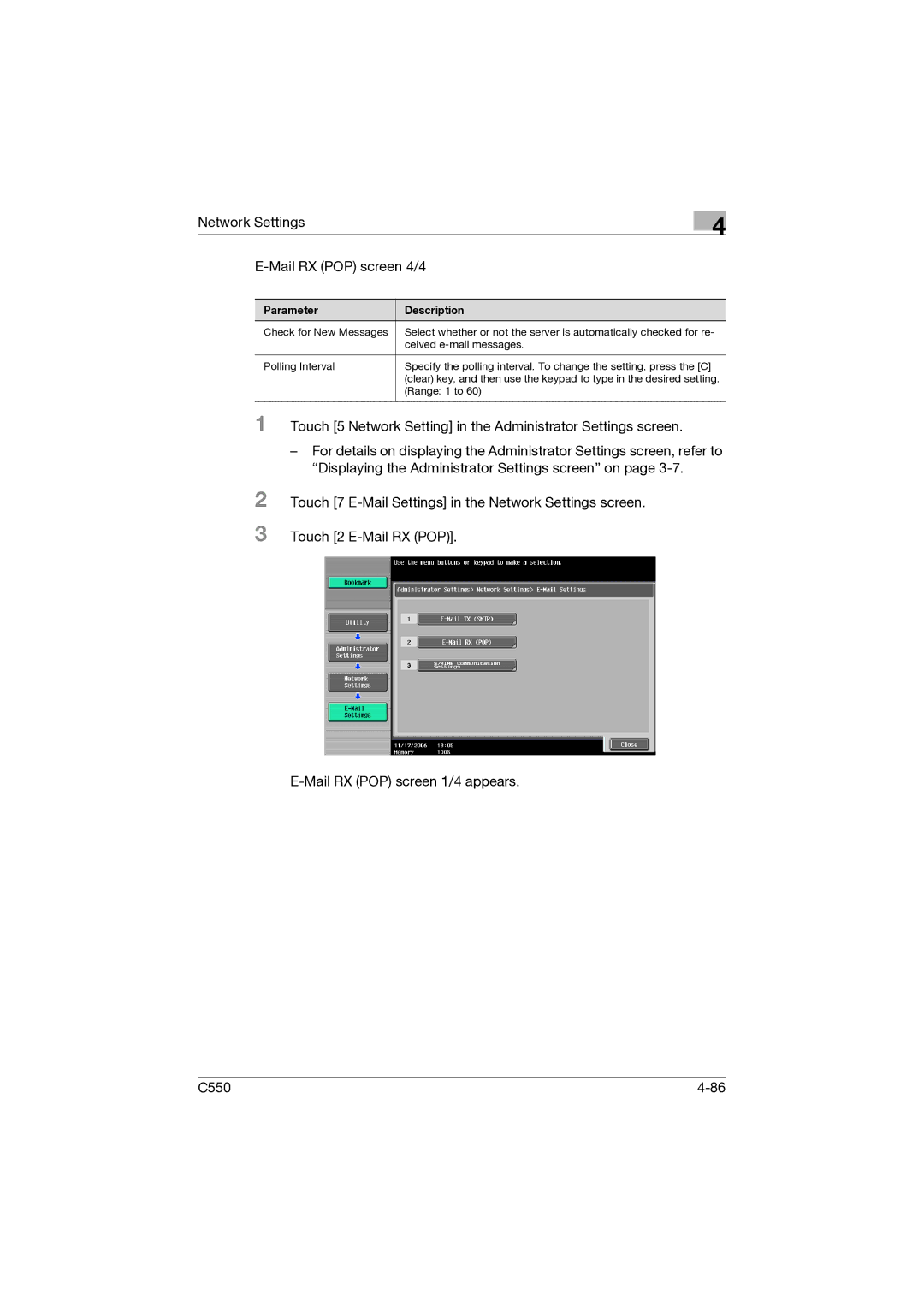 Konica Minolta C550 manual Network Settings Mail RX POP screen 4/4 