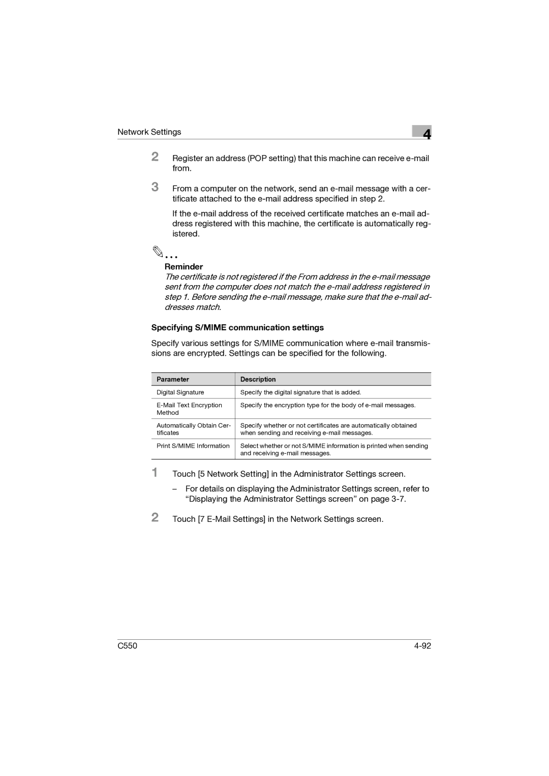 Konica Minolta C550 manual Reminder, Specifying S/MIME communication settings 