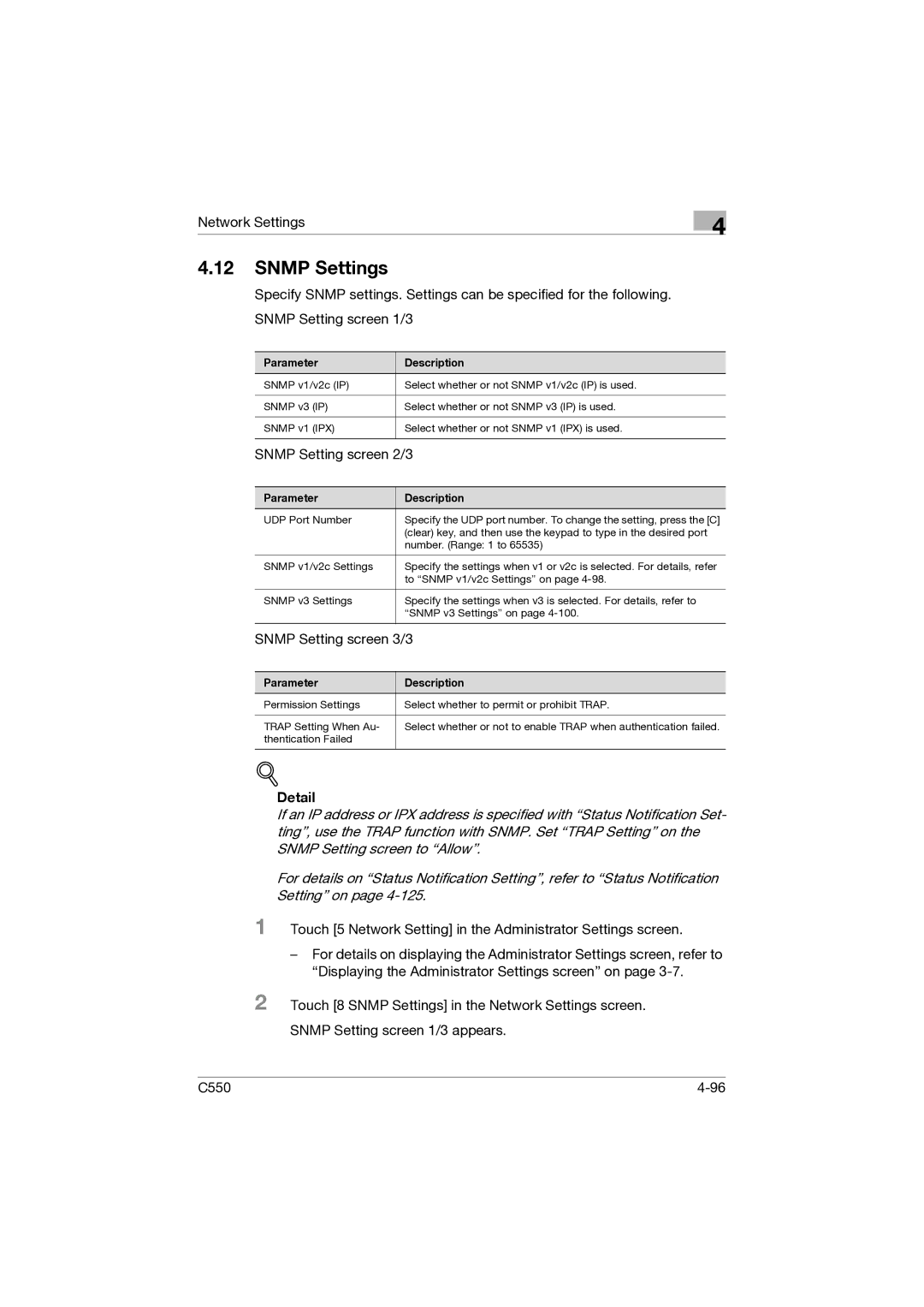 Konica Minolta C550 manual Snmp Settings, Snmp Setting screen 2/3 