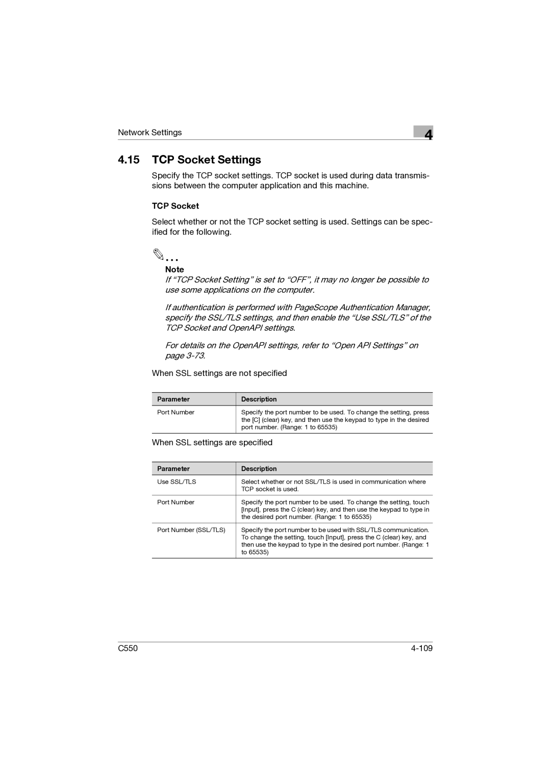 Konica Minolta C550 manual TCP Socket Settings 