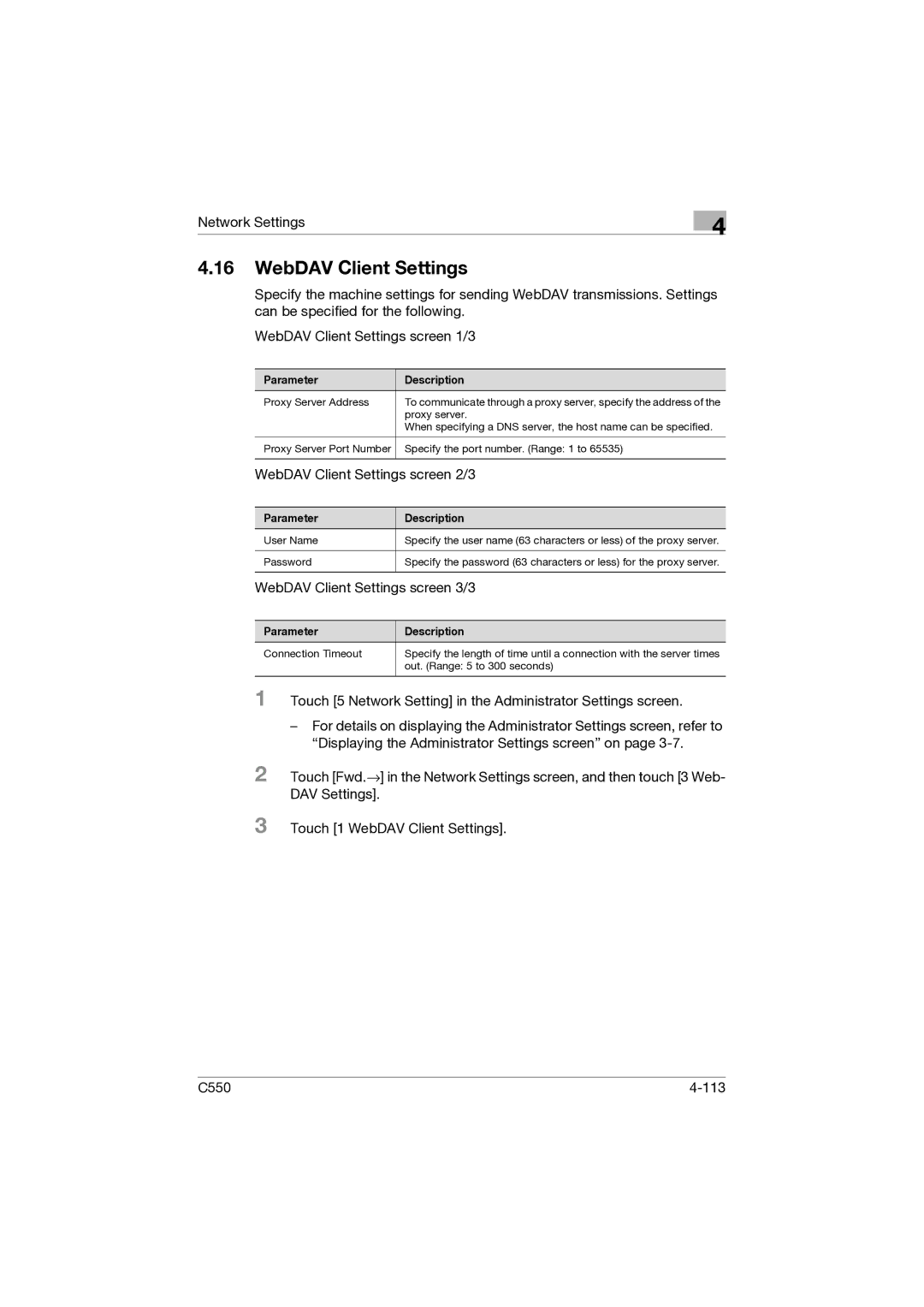 Konica Minolta C550 manual WebDAV Client Settings screen 3/3 