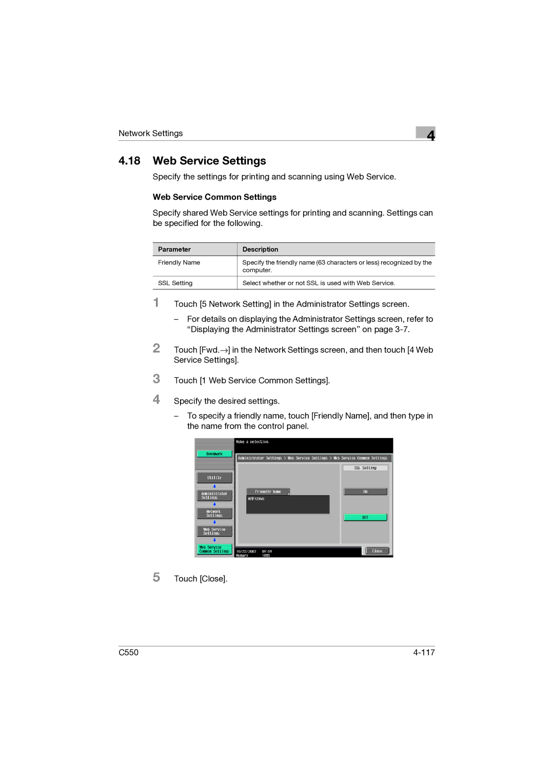 Konica Minolta C550 manual Web Service Settings, Web Service Common Settings 