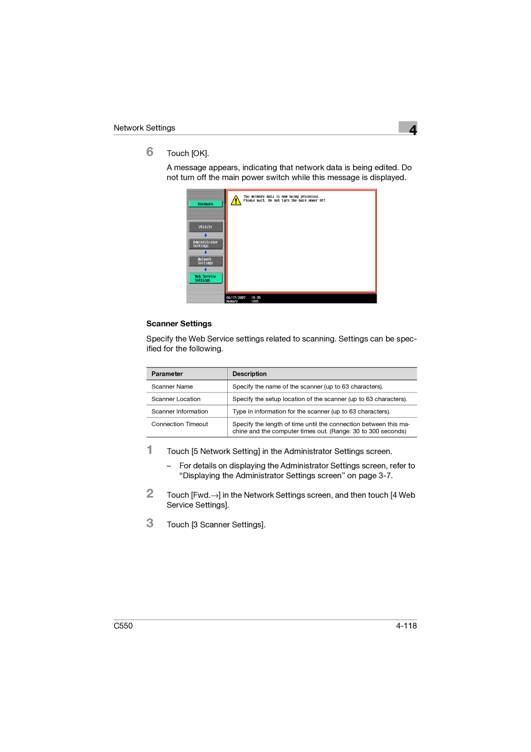 Konica Minolta C550 manual Network Settings Touch OK, Scanner Settings 