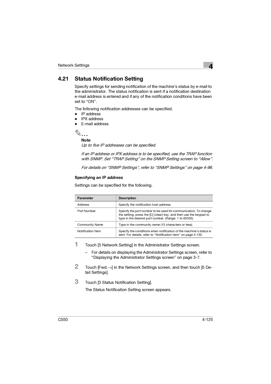 Konica Minolta C550 manual Status Notification Setting, Specifying an IP address 