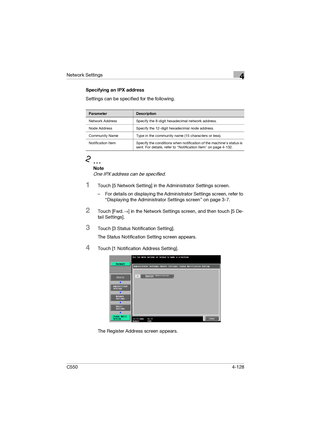 Konica Minolta C550 manual Specifying an IPX address, One IPX address can be specified 