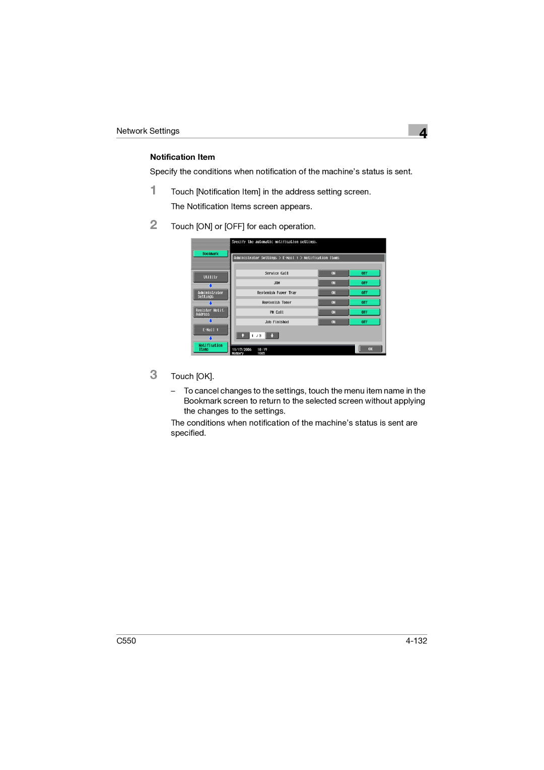 Konica Minolta C550 manual Notification Item 