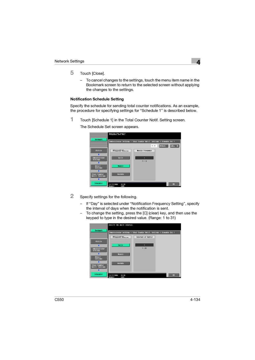 Konica Minolta C550 manual Notification Schedule Setting 