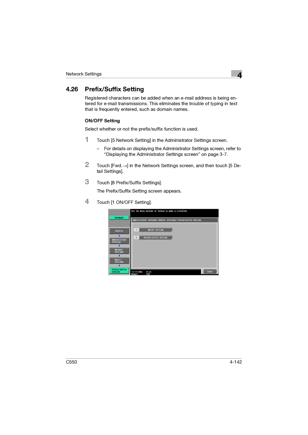 Konica Minolta C550 manual Prefix/Suffix Setting, ON/OFF Setting 