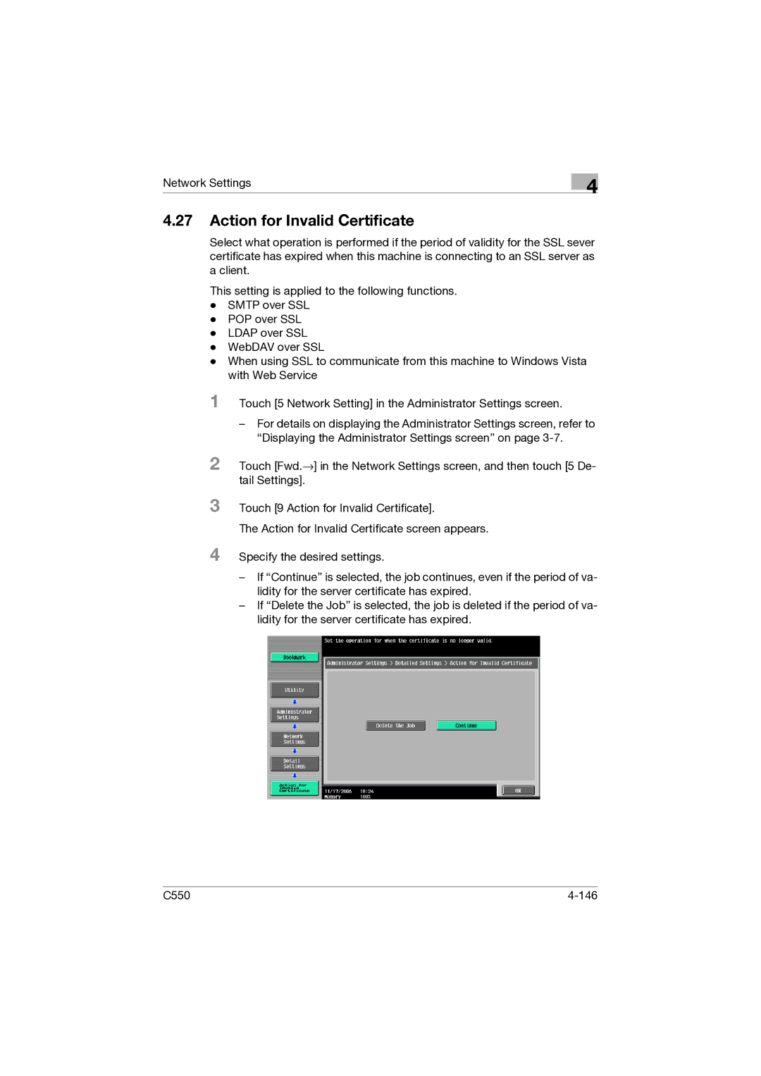 Konica Minolta C550 manual Action for Invalid Certificate 