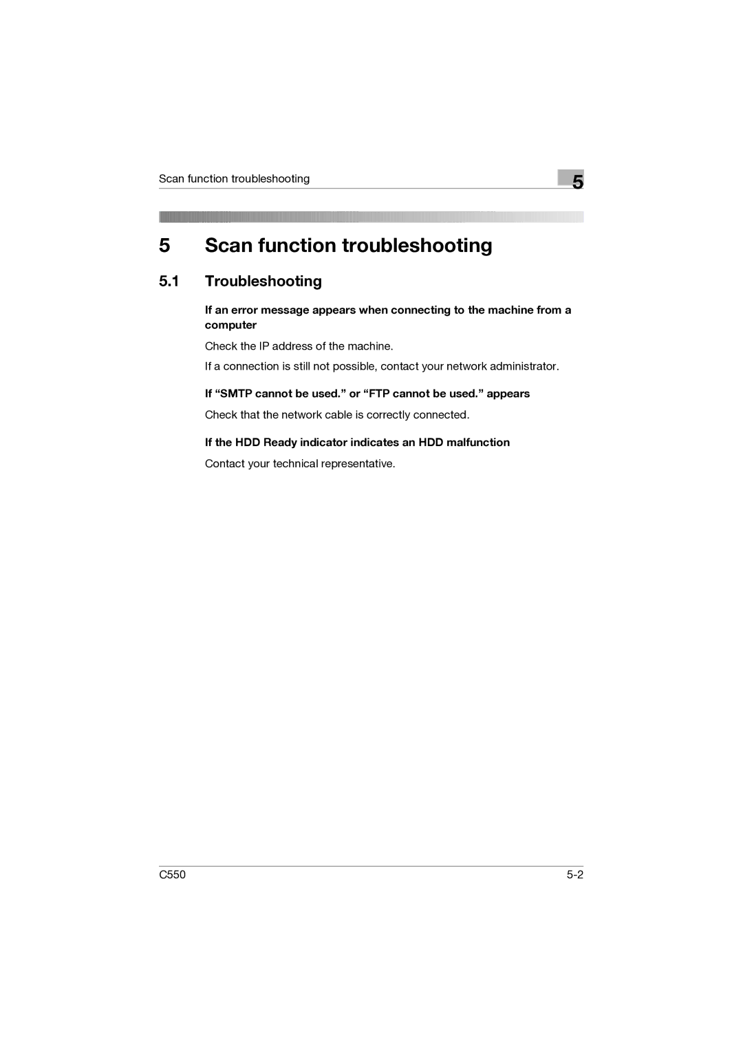 Konica Minolta C550 manual Troubleshooting, If Smtp cannot be used. or FTP cannot be used. appears 