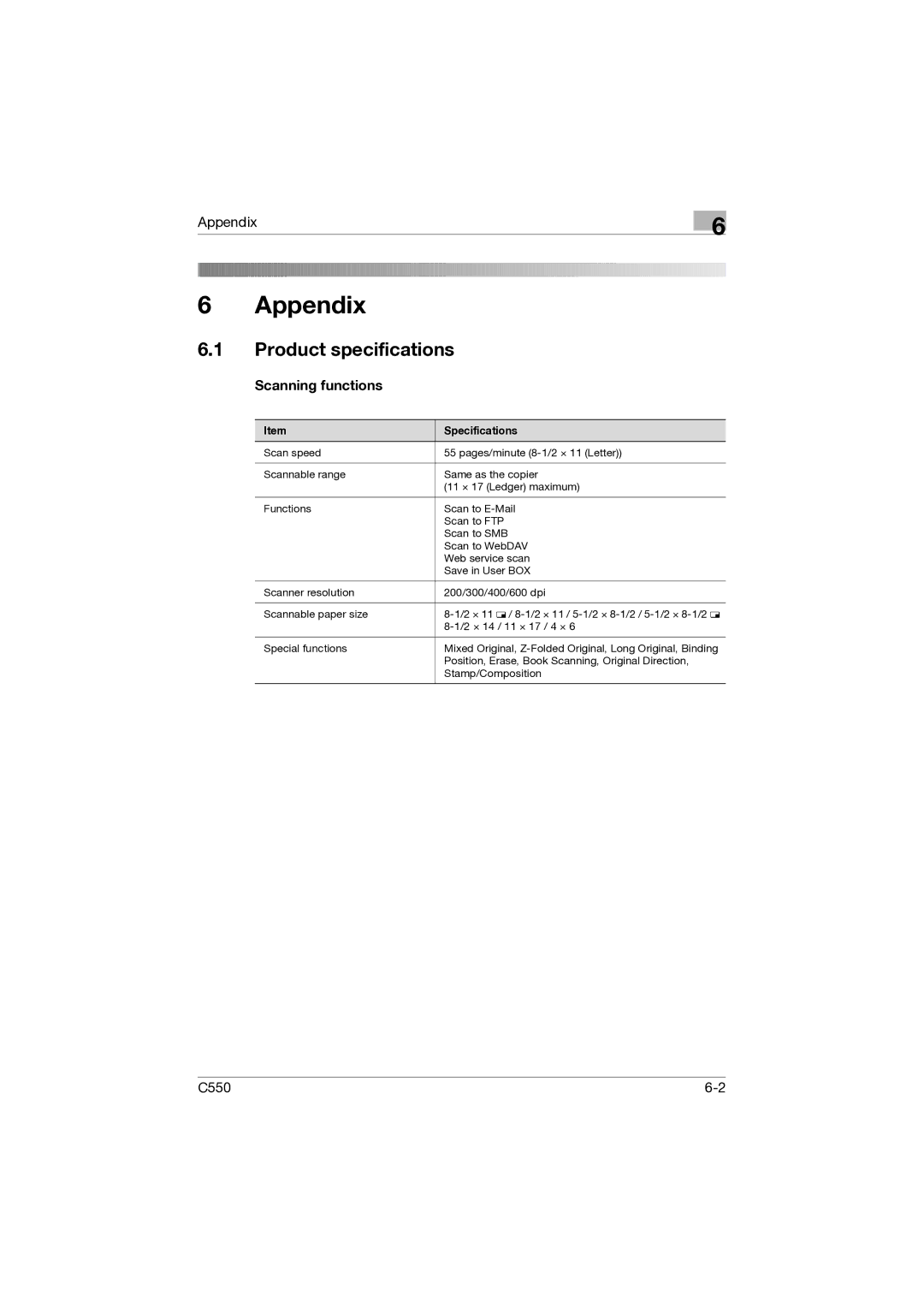 Konica Minolta C550 manual Product specifications, Specifications 