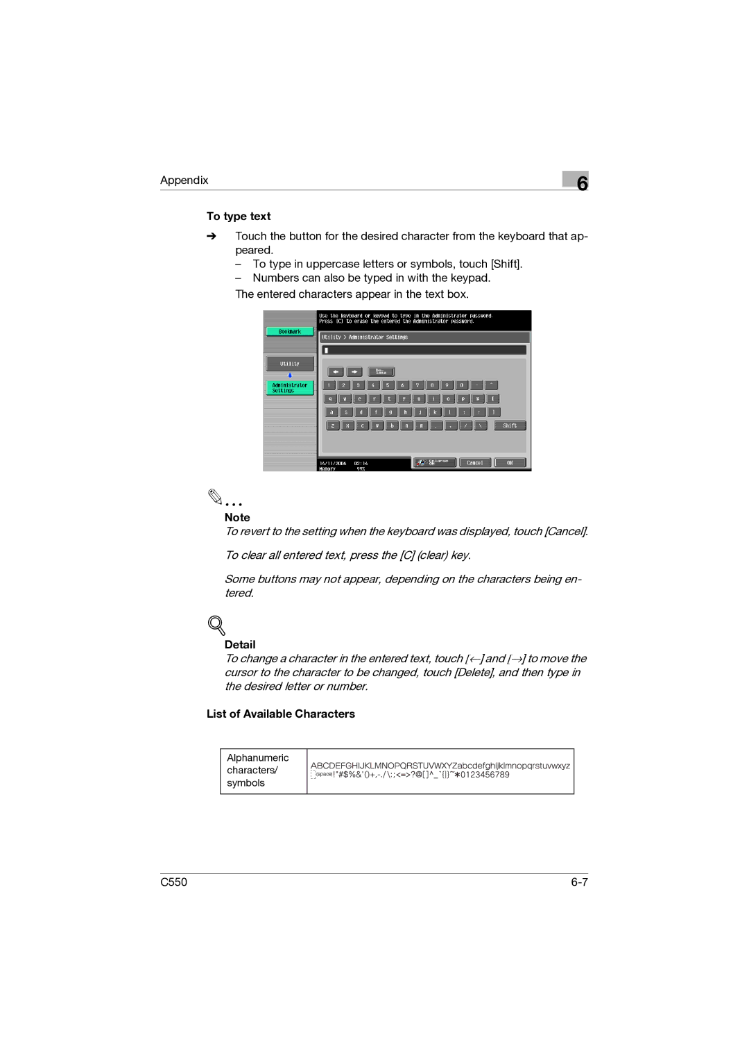 Konica Minolta C550 manual Alphanumeric characters/ symbols 