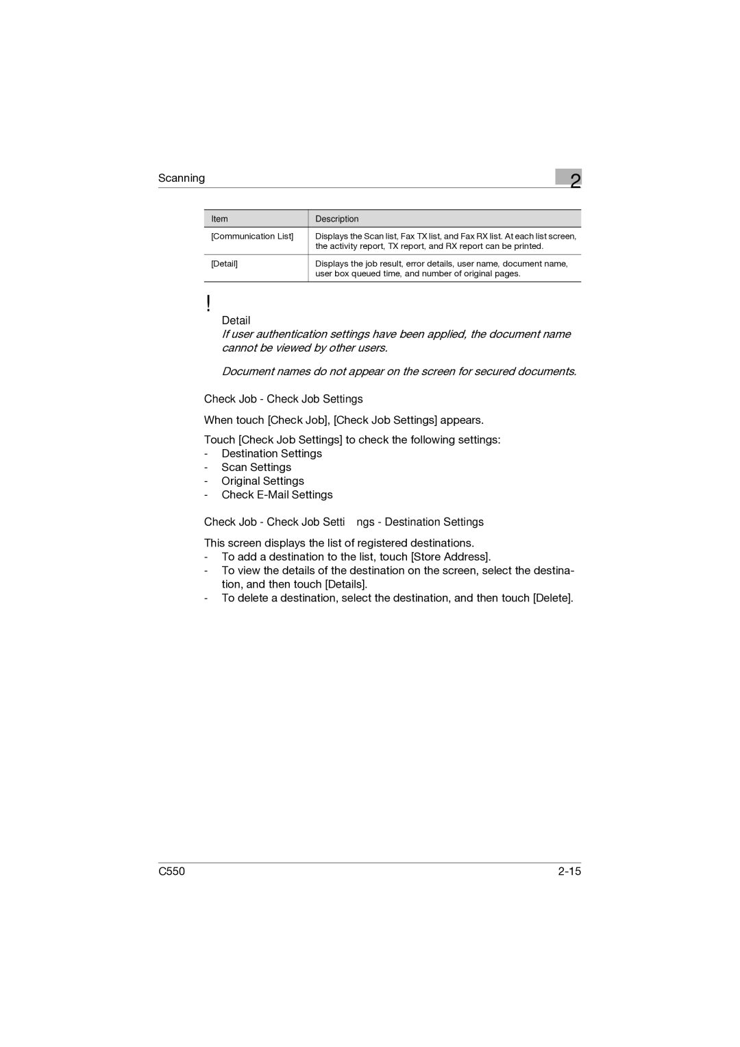 Konica Minolta C550 manual Check Job Check Job Settings Destination Settings 