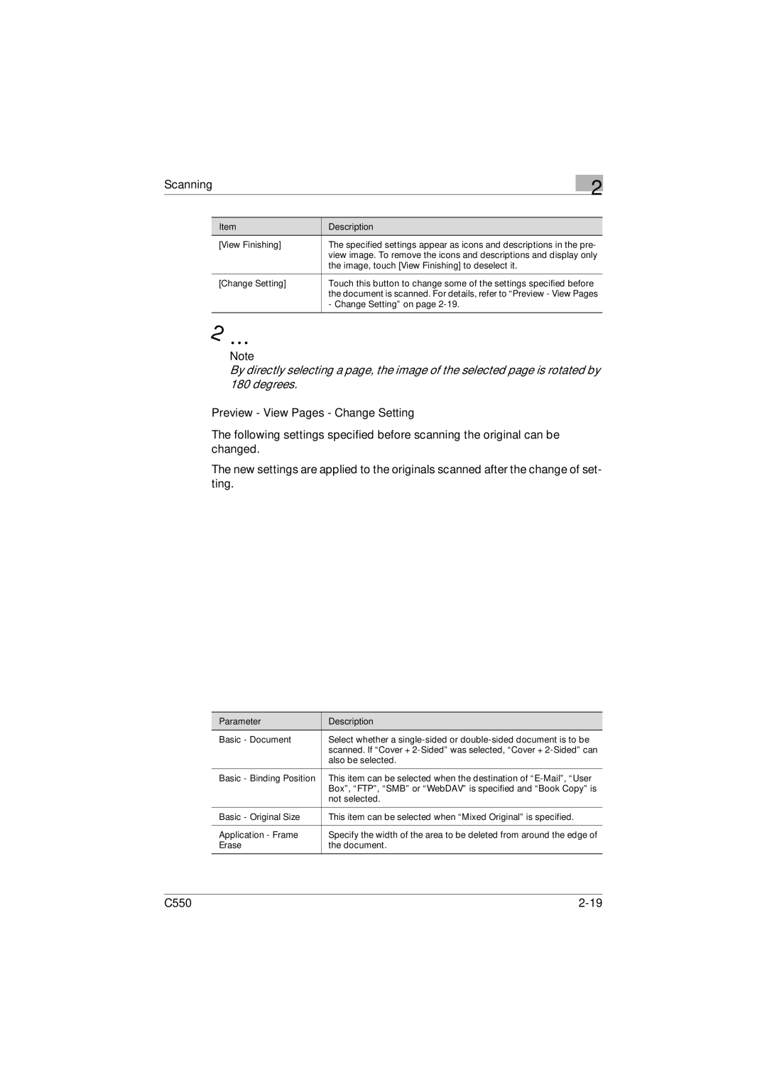 Konica Minolta C550 manual Preview View Pages Change Setting, Parameter Description 