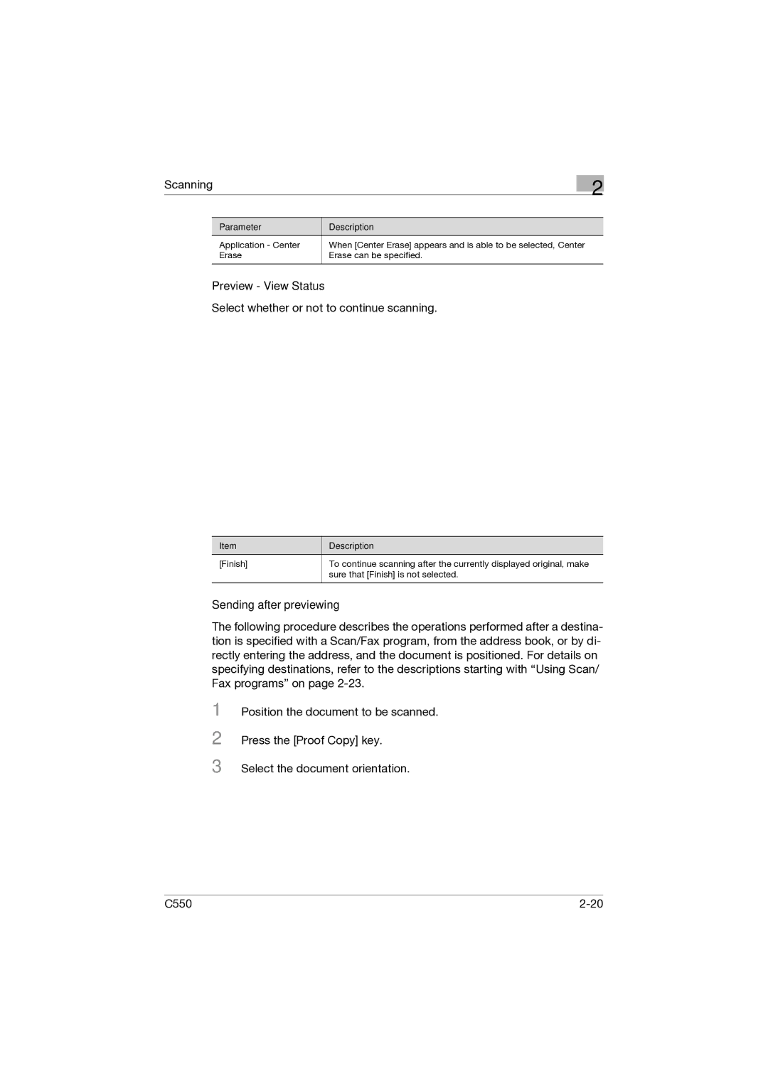 Konica Minolta C550 manual Preview View Status, Sending after previewing 