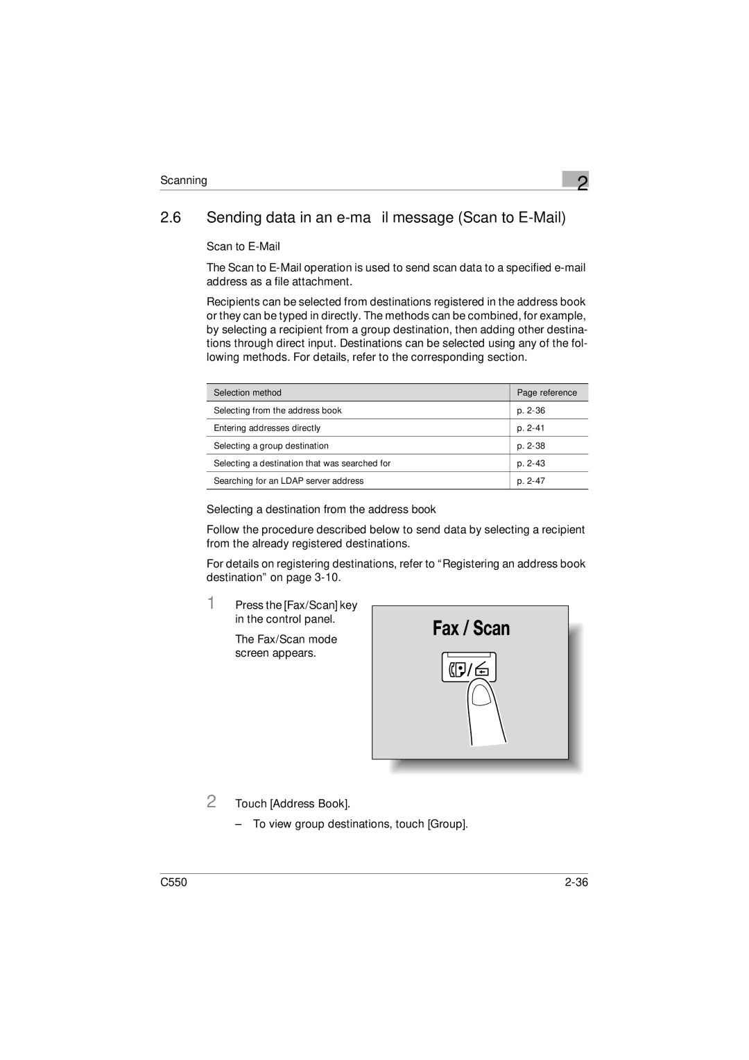 Konica Minolta C550 manual Sending data in an e-mail message Scan to E-Mail, Selecting a destination from the address book 